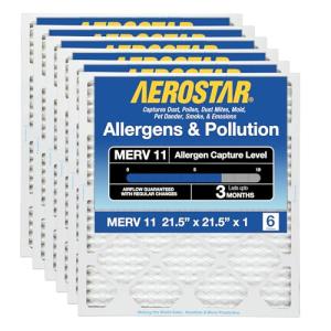 Aerostar 21.5x21.5x1 MERV 11-6 Count - Pleated Furnace & Air Conditioner Filters - Removes Dust, Cold & Flu Germs, Lint, Mold, Pet Dander, Allergy-Causing Pollen, Smog & Smoke