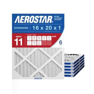 Aerostar 16x20x1 MERV 11 - 6 Count - Pleated HVAC, Furnace & Air Conditioner Filters - Removes Dust, Cold & Flu Germs, Lint, Mold, Pet Dander, Allergy-Causing Pollen, Smog & Smoke