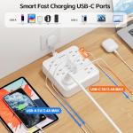 MCSCN Portable Slim Flat Plug Surge Overload Protector Power Strip Wall Outlet with 6 AC Power Outlets 4 USB(1C) for Home Office Dorm Travel Essentials Fire and Reach 100-125V 15A 1875W UL