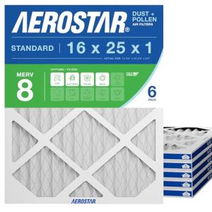 Aerostar 16x25x1 MERV 8 - 6 Count - High Efficiency Pleated HVAC, Furnace & Air Conditioner Filters - Removes Dust, Lint, Mold & Allergy-Causing Pollen
