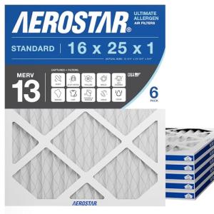 Aerostar 16x25x1 MERV 13 - 6 Count - Pleated HVAC, Furnace & Air Conditioner Filters - Removes Bacteria, Dust, Cold & Flu Germs, Lint, Mold, Pet Dander, Allergy-Causing Pollen, Smog, Smoke & Viruses