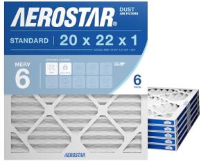 Aerostar 20x22x1 MERV 6 Air Filter, 6 Count, ACTUAL SIZE (19.75 x 21.75 x 0.75), HVAC, Air Conditioning & Furnace Filter for Dust, Lint & Pollen Control (MPR 300 / FPR 3), Made in USA
