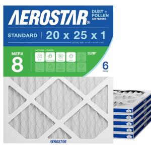 Aerostar 20x25x1 MERV 8 - 6 Count - High Efficiency Pleated HVAC, Furnace & Air Conditioner Filters - Removes Dust, Lint, Mold & Allergy-Causing Pollen