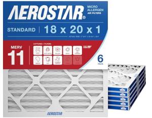 Aerostar 18x20x1 MERV 11 - 6 Count - Pleated HVAC, Furnace & Air Conditioner Filters - Removes Dust, Cold & Flu Germs, Lint, Mold, Pet Dander, Allergy-Causing Pollen, Smog & Smoke