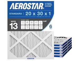Aerostar 20x30x1 MERV 13 - 6 Count - Pleated HVAC, Furnace & Air Conditioner Filters - Removes Bacteria, Dust, Cold & Flu Germs, Lint, Mold, Pet Dander, Allergy-Causing Pollen, Smog, Smoke & Viruses