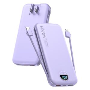 Portable Charger, 12000mAh 22.5W USB C Fast Charging Power Bank with Built-in Cables and AC Wall Plug, Smart LED Display Travel Essentials Battery Pack Compatible with iPhone, iPad, Samsung etc Purple