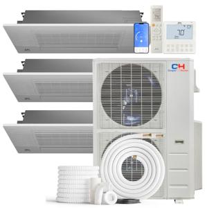 Cooper & Hunter 55,000 BTU 3-Zone Ductless Mini Split Air Conditioner & Heat Pump – 18K+18K+18K 1-Way Ceiling Cassette Air Handlers – 21.3 SEER2 – 25FT Installation Kits – 230V