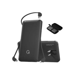 Brand Q Portable Charger with Built-in Cables and AC Wall Plug,Slim USB C Travel Essential Power Bank 10000mAh,External Battery Pack Compatible with iPhone,Samsung,Tablet and All Smart Phones