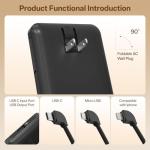 Brand Q Portable Charger with Built-in Cables and AC Wall Plug,Slim USB C Travel Essential Power Bank 10000mAh,External Battery Pack Compatible with iPhone,Samsung,Tablet and All Smart Phones