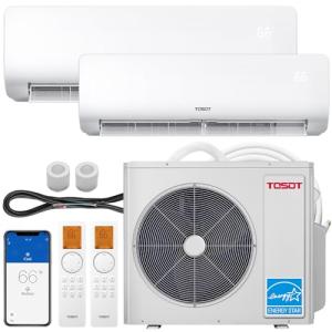 TOSOT 30,000 BTU Dual 2 Zone Mini Split Air Conditioner with Heat Pump, 21 SEER2, 230V, Wifi-Enabled Ductless Inverter Split System with 16.4 ft Copper Line Set, 12,000 +18,000 BTU, Muse Series
