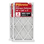 Filtrete 14x24x1 AC Furnace Air Filter MERV 11 MPR 1000 Micro Allergen Defense 3-Month Pleated 1-Inch Electrostatic Air Cleaning Filter 2 Pack (Actual Size 13.81 x 23.81 x 0.81 in)