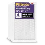 Filtrete 16x20x1 AC Furnace Air Filter, MERV 12, MPR 1500, CERTIFIED asthma & allergy friendly, 3 Month Pleated 1-Inch Electrostatic Air Cleaning Filter, 4-Pack (Actual Size 15.69 x 19.69 x 0.78 in)