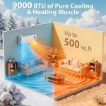 9000 BTU Mini Split AC with Heat Pump, Ductless Mini Split Air Conditioner Heat System with Quiet Operation, All-In-One Kit, 24H Timer, 115V, 19 SEER2 Energy Efficient for 500 Sq.Ft