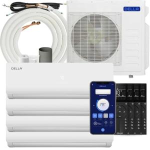 Della 36K BTU (9K 9K 9K 12K) ODU Quad 4 Zone 19 SEER2 208-230V Cools Up to 1750 Sq.Ft, Works with Alexa, Wifi Energy Efficient Multi Zone Mini Split Air Conditioner Pre-Charged Heat Pump Full Set