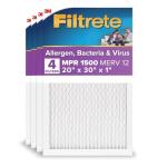 Filtrete 20x30x1 AC Furnace Air Filter, MERV 12, MPR 1500, CERTIFIED asthma & allergy friendly, 3 Month Pleated 1-Inch Electrostatic Air Cleaning Filter, 4-Pack (Actual Size 19.84 x 29.84 x 0.78 in)