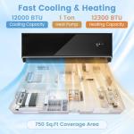 GLACER 12000 BTU Mini Split Air Conditioner & Heater, 22 SEER2 Inverter AC Unit Cools Up to 750 Sq. Ft, Wall-mounted Tubeless Split-System with Mounting Kit (Black, 12000BTU, 208-230V, 22 SEER2-WIFI)
