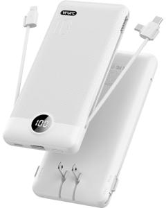 VRURC Portable Charger,Power Bank Built-in Cables and AC Wall Plug, USB C Portable Bank 10000mAh, Travel Essentials Phone Charger Compact External Battery Pack for Smart Phones, Tablets etc-White