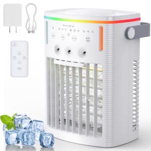 ANGFA Portable Air Conditioners,Evaporative Air Cooler with 1000ML Water Tank,3 Spray Ports,3 Speeds & 3 Mist Level,7 Color Night Light,8H Timer, Personal Ac Units for Bedroom Office Camping