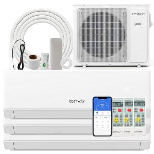 COSTWAY 30k Tri 3 Zone Mini Split Air Conditioner, 23 SEER2, 9k+9k+24k BTU, 208-230V, Wifi Enabled Multi Zones Mini Split AC Heat Pump Full Set, Ductless Energy Star