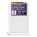 Filtrete 20x30x1 AC Furnace Air Filter, MERV 12, MPR 1500, CERTIFIED asthma & allergy friendly, 3 Month Pleated 1-Inch Electrostatic Air Cleaning Filter, 2-Pack (Actual Size 19.81x29.81x0.78 in)