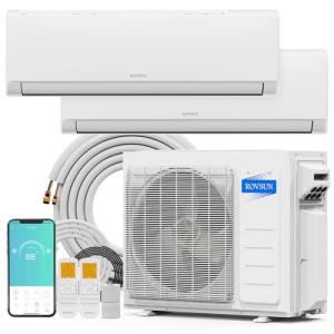 ROVSUN 20000 BTU Dual Zone WIFI Mini Split AC/Heating System, 20 SEER2 2 Zone 9000 + 18000 BTU Ductless Split Air Conditioner with Pre-Charged Condenser, Heat Pump & 25Ft Copper Line Set, 208-230V