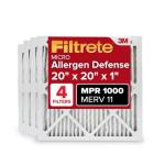Filtrete 20x20x1 AC Furnace Air Filter, MERV 11, MPR 1000, Micro Allergen Defense, 3-Month Pleated 1-Inch Electrostatic Air Cleaning Filter, 4 Pack (Actual Size 19.69 x 19.69 x 0.81 in)
