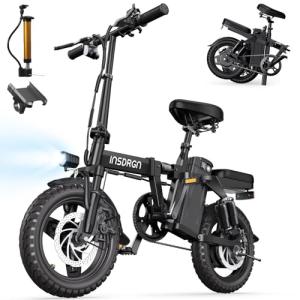 INSDRGN Electric Bike for Adults Peak 650W, 20 MPH Folding E Bike, 48V Removable Li Battery Ebike, Top 45 Miles PAS Range, 14" Fat Tire Bikes, with USB Charging Phone Holder, UL2849 Certified, Black