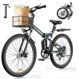 isinwheel M40 Folding Electric Bike for Adults 500W Ebike with Basket, Dual USB Charging Ports, Full Suspension, 7 Speed Gearshift, 20mph Foldable Electric Bicycles, 26" Electric Mountain Bike