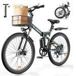 isinwheel M40 Folding Electric Bike for Adults 500W Ebike with Basket, Dual USB Charging Ports, Full Suspension, 7 Speed Gearshift, 20mph Foldable Electric Bicycles, 26" Electric Mountain Bike