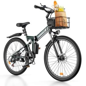 isinwheel M40 Folding Electric Bike for Adults 500W Ebike with Basket, Dual USB Charging Ports, Full Suspension, 7 Speed Gearshift, 20mph Foldable Electric Bicycles, 26" Electric Mountain Bike