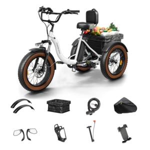 Electric Tricycle for Adults, 20" Fat Tire 3 Wheel Electric Trike with 960W Rear Motor, 48V 648Wh Removable Battery Ebike 55Miles Range, 25MPH Cargo Tricycle with Basket, Differential for Safety WHT