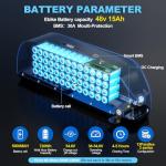 H HAILONG 48V 15Ah Lithium Battery for Electric Bike/E-Bike/Scooter, 54.6V 4A Fast Charger & 30A BMS, Power Switch, LED Display, Secure Lock, Compatible with 100W-1000W Motors (Motorcycle/Tricycle)