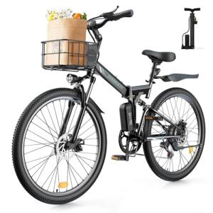 isinwheel M40 Folding Electric Bike for Adults 500W Ebike with Basket, Dual USB Charging Ports, Full Suspension, 7 Speed Gearshift, 20mph Foldable Electric Bicycles, 26" Electric Mountain Bike