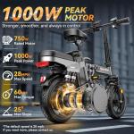 DTTZH Peak 1000W Folding Electric Bike for Adults, 28MPH Commuter 14" Foldable Ebike, 750W Motor Adults Electric Bicycle, 48V 15Ah Removable Battery UL 2849 Certified, 60 Miles PAS Range (Gray)