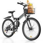 isinwheel M40 Folding Electric Bike for Adults 500W Ebike with Basket, Dual USB Charging Ports, Full Suspension, 7 Speed Gearshift, 20mph Foldable Electric Bicycles, 26" Electric Mountain Bike