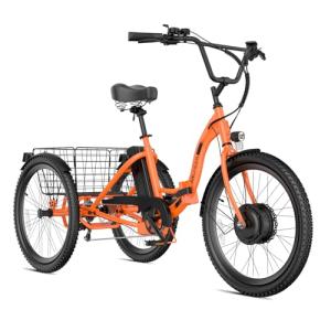 ANCHEER Electric Tricycle for Adults, Peak 600W Electric Trike, 24" 499Wh Folding 3 Wheel Ebike for Adults & Seniors, 15.5MPH & 55Miles Electric Bike, Rear Differential, Rear Basket (Orange Tricycle)
