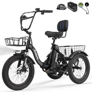 ESKUTE E Trike Electric Bike, Peak 1200W Brushless Motor Folding Trike 18X3.0 Fat Tire Ebike, 499Wh Battery, Step-Thru 3 Wheel Electric Bicycle, 55 Miles, 18MPH+ Tricycle for Adults Black with Acc