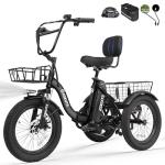 ESKUTE E Trike Electric Bike, Peak 1200W Brushless Motor Folding Trike 18X3.0 Fat Tire Ebike, 499Wh Battery, Step-Thru 3 Wheel Electric Bicycle, 55 Miles, 18MPH+ Tricycle for Adults Black with Acc