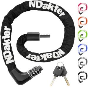 NDakter Upgrade Bike Chain Lock with 4 Digit Combination and 2 Keys, 3.2/4.28 Ft Heavy Duty Anti-Theft Bicycle Lock, 2 Ways to Unlock High Security Scooter Locks for Ebike, Escooter, Door