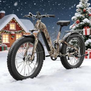 PUCKIPUPPY Electric Bike for Adults 960W(Peak), 48V 20AH Battery Adult Electric Bicycles, 26" Fat Tire Full Suspension Step-Thru Ebike, 28MPH Mountain Ebike, 7 Speed, 80Miles Range Camouflage