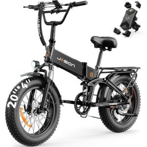 Jasion X-Hunter Electric Bike for Adults,1400W Peak Motor 30MPH 70+ Miles Foldable Ebike,624WH Removable Battery,Full Suspension 20’’*4 Fat Tire Bicycle for Commute,Snow,Mountain,7-Speed,Black+Grey