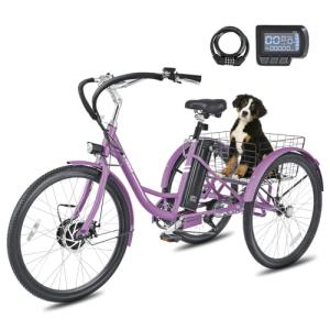VIRIBUS Electric Trike for Adults, 26 in. Electric Tricycle Adult Women 7 Speed 350W with 468Wh Battery, 3 Wheel Electric Bikes for Senior, Motorized Adult Tricycle for Female, 330 lb. E Trike Purple