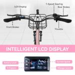 DDC SPORT Electric Bike for Adults, Peak 700W Motor 20MPH, 374.4WH Removable Battery 45Miles, 24'' Step Through City Cruiser Ebike for Commuter, E-Bike with 7-Speed, Front Basket (Pink)
