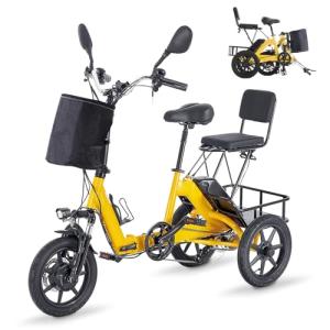 E Trike Electric Bike, 350W(Peak 500W) Brushless Motor Folding Trike, 2 Seats Ebike, 480Wh Removable Battery, Step-Thru 3 Wheel Electric Bicycle, Up to 45 Miles, Tricycle for Adults Parents (Yellow-1)