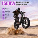 TST Electric Bike for Adults, 20" Fat Tire All-Terrain E-Bike, 1500W Peak Motor, Up to 28MPH, 60 Miles Max Range,Electric Dirt Bike with Rear Seat and Footrest,15Ah Removable Battery (Black)