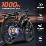 Adults Electric Mountain Bike 1500W Peak,48V 15Ah Removable Fast Charge Battery,28MPH Max Speed,60 Miles Range,26" Fat Tire All Terrain Off Road E-Bike for Men Women,Off-Road,Camping & Snow Adventures