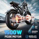 RPINT Electric Mountain Bike for Adults with 1500W Peak Motor, 20" Fat Tire Dirt E Bike for All-Terrain, 28MPH and 40-60 Miles PAS Range, Electric Bicycles with 48V 15Ah Removable Battery