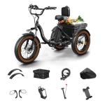 PUCKIPUPPY Electric Tricycle for Adults, 960W, 48V13.5Ah Electric Trike, 20"x4.0" 6061 Aluminum Folding Fat Tire 3 Wheel Ebike, 20MPH Max Hydraulic Brake, Rear Motor Differential for Safety, Black