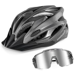 Odoland Bike Helmet with Cycling Sunglasses, Adjustable Size Adult Cycling Helmets for Men Women Road Bike Mountain Ebike, Carbon Silver