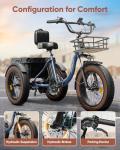 PUCKIPUPPY Electric Tricycle for Adults, 960W Max Rear Motor Electric Trike, 20MPH 3 Wheel, 20" 6061 Aluminum Folding Ebike Frame, 55 Miles Range Cargo Tricycle with Large Basket，Blue